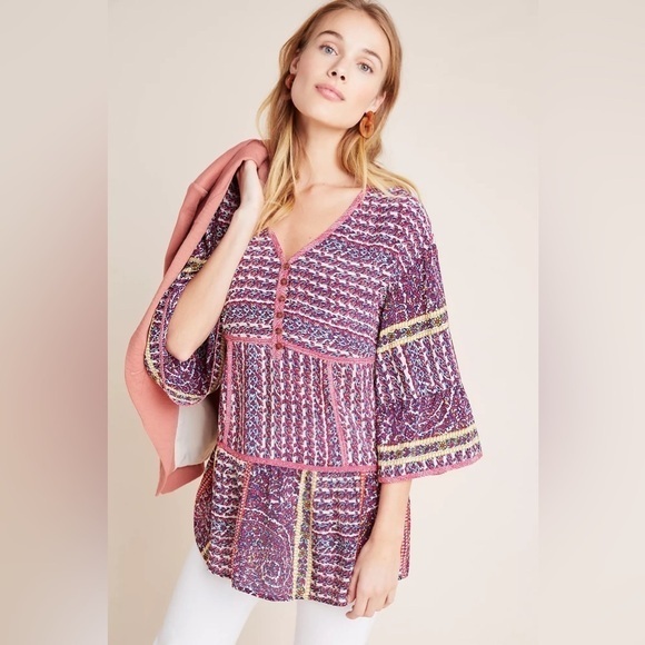 ANTHROPOLOGIE Maeve Lilyana Tiered 100% Silk Blouse SIZE LARGE BOHO flounce - Picture 3 of 13